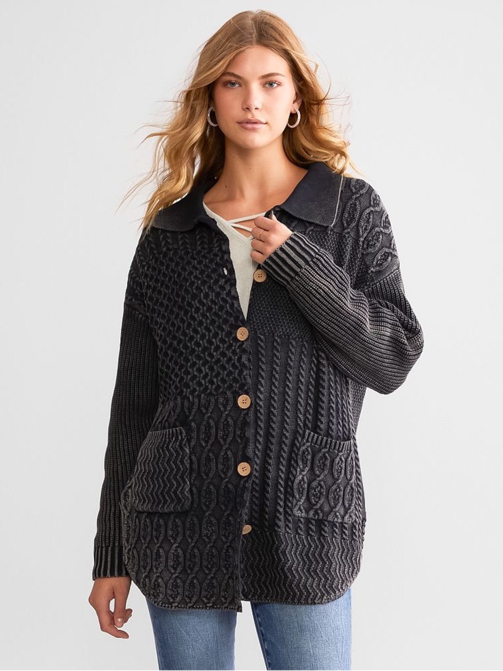 BKE Charcoal Mixed-Knit Button Cardigan